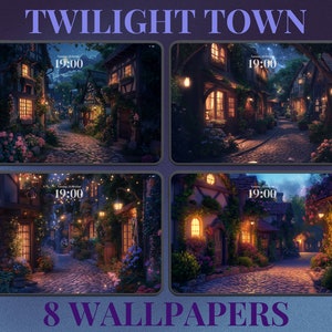 Notte accogliente Twilight Town Sfondi desktop estetici Paesaggio urbano rustico Luna Stelle Cielo notturno Cottagecore Fiori Villaggio Boho Sfondo HD