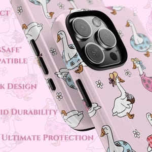 Pastel pink phone case featuring whimsical geese in summer outfits, pink gingham, daisies, coquette aesthetic, cottagecore vibes, retro floral design, vintage charm, dreamy summer style, ribbon bows, botanical patterns, playful aesthetic, nature-inspired, trendy MagSafe case, chic phone accessory, cute animal design, feminine aesthetic, modern summer fashion, ideal for aesthetic lovers, whimsical decor, cottagecore accessories, trendy pastel phone case for summer vibes.