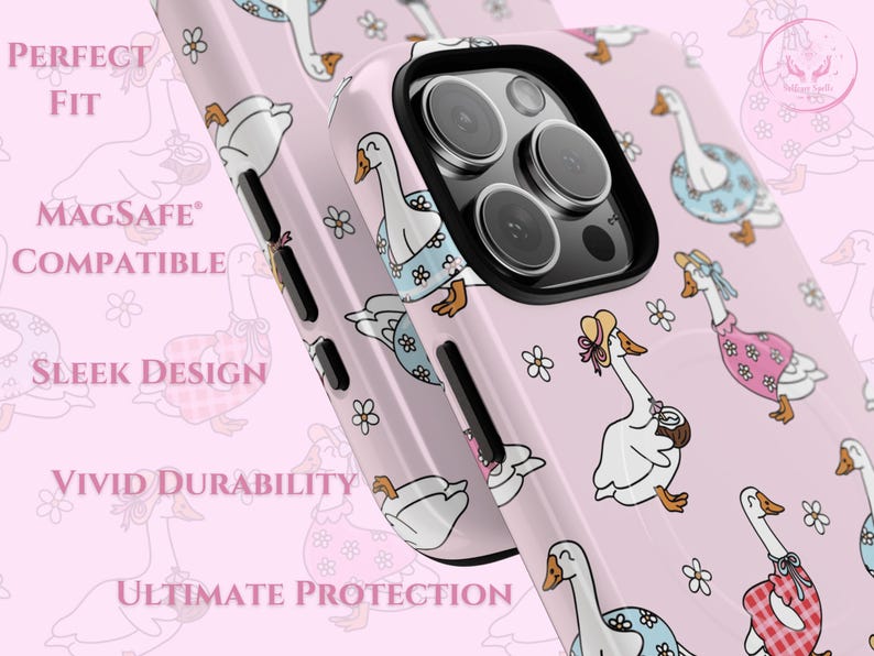 Pastel pink phone case featuring whimsical geese in summer outfits, pink gingham, daisies, coquette aesthetic, cottagecore vibes, retro floral design, vintage charm, dreamy summer style, ribbon bows, botanical patterns, playful aesthetic, nature-inspired, trendy MagSafe case, chic phone accessory, cute animal design, feminine aesthetic, modern summer fashion, ideal for aesthetic lovers, whimsical decor, cottagecore accessories, trendy pastel phone case for summer vibes.