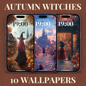 May include: Three phone screen wallpapers featuring a witch in a forest, a castle, and a bookstore. The wallpapers are all in autumn colors and feature the text "Tuesday, 25 October 19:00".