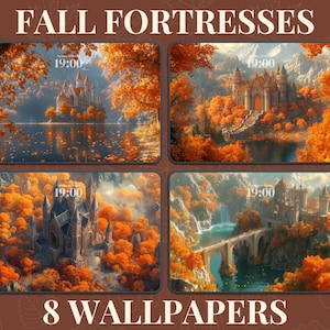 Op de afbeelding: Vier digitale illustraties van fantasiekastelen in herfstachtige omgevingen. Elke afbeelding toont een kasteel met een klok die 19:00 uur aangeeft, omringd door bomen met levendige oranje, gele en rode bladeren. De afbeeldingen zijn getiteld "Herfstforten" en "8 achtergronden".
