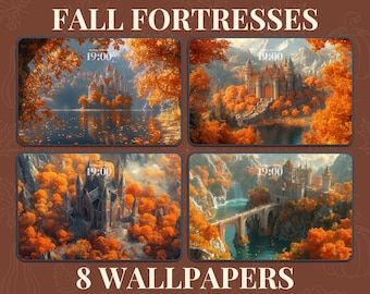 May include: Four digital illustrations of fantasy castles in autumnal settings. Each image features a castle with a clock reading 19:00, surrounded by trees with vibrant orange, yellow, and red leaves. The images are titled "Fall Fortresses" and "8 Wallpapers".