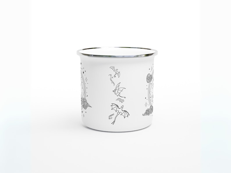 12oz enamel mug with celestial dragon design inspired by Fourth Wing and fantasy books. Perfect for Rebecca Yarros fans, book lovers, and dragon enthusiasts. Features mystical patterns, constellation-inspired art, and cozy aesthetics. Ideal fantasy merch for romantasy and Empyrean series fans. Great for bookstagram, cozy mornings, camping, or gifting. Tags: dragon aesthetic, fantasy mug, Fourth Wing merch, bookish decor, dragon gift, fantasy lover gift, booktok trending.