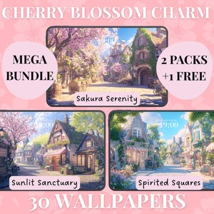 May include: A digital illustration of 30 cherry blossom themed wallpapers. The image shows three different scenes of a small town with pastel-coloured buildings and cherry blossom trees. The text "MEGA BUNDLE" and "2 PACKS +1 FREE" are displayed on the image.