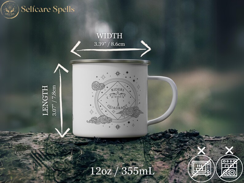 12oz enamel mug with celestial dragon design inspired by Fourth Wing and fantasy books. Perfect for Rebecca Yarros fans, book lovers, and dragon enthusiasts. Features mystical patterns, constellation-inspired art, and cozy aesthetics. Ideal fantasy merch for romantasy and Empyrean series fans. Great for bookstagram, cozy mornings, camping, or gifting. Tags: dragon aesthetic, fantasy mug, Fourth Wing merch, bookish decor, dragon gift, fantasy lover gift, booktok trending.