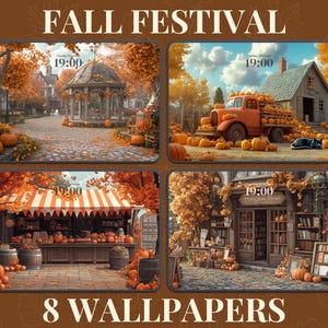 Puede incluir: Cuatro ilustraciones digitales de escenas de festival de otoño. La primera escena muestra un cenador con calabazas y follaje de otoño. La segunda escena muestra un camión rojo con calabazas y follaje de otoño. La tercera escena muestra un mercado de otoño con un toldo a rayas y calabazas. La cuarta escena muestra un mercado de otoño con un letrero que dice "Pumpkin House" y calabazas.