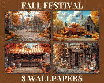 May include: Four digital illustrations of fall festival scenes. The first scene shows a gazebo with pumpkins and fall foliage. The second scene shows a red truck with pumpkins and fall foliage. The third scene shows a fall market with a striped awning and pumpkins. The fourth scene shows a fall market with a sign that says "Pumpkin House" and pumpkins.