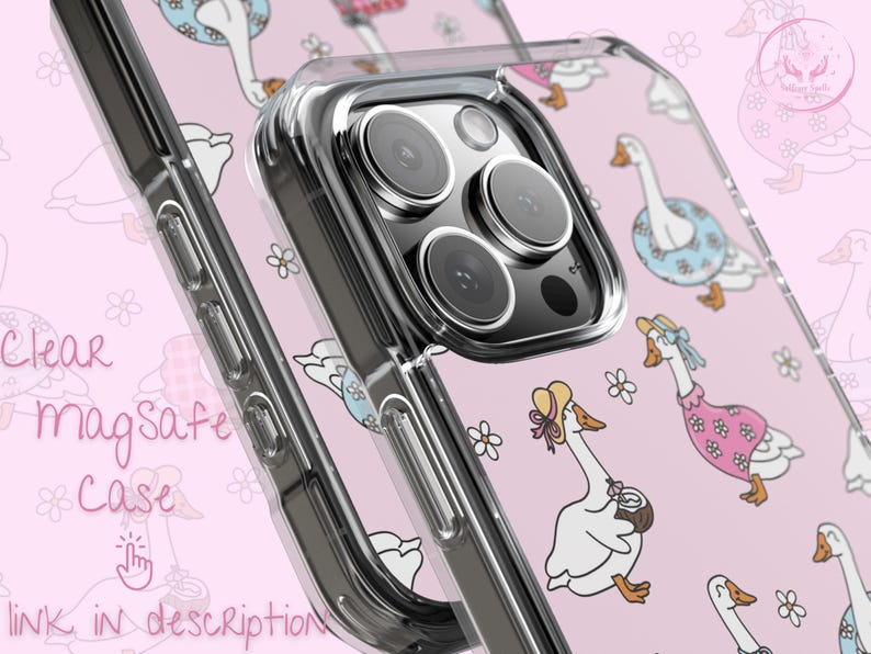 Pastel pink phone case with whimsical summer geese, pink gingham dresses, blue daisy lifebuoys, coconut drinks, ribbon bows, delicate white daisies, coquette charm, cottagecore aesthetic, floral vibes, dreamy vintage style, nature-inspired, botanical design, playful summer theme, cute aesthetic phone accessory, daisy pattern, whimsical fowl artwork, romantic pastel tones, enchanting English garden look, soft feminine design, charming summer vibes, trendy aesthetic phone case.