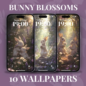 Könnte beinhalten: Drei Handy-Bildschirm-Mockups mit einem floralen Hintergrund und einem Hasendesign. Die Uhrzeit auf den Handybildschirmen ist 19:00 Uhr. Der Text "Bunny Blossoms" und "10 Wallpapers" befindet sich oben und unten im Bild.
