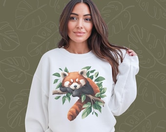Bluza z nadrukiem Red Panda Snoozing Cozy Cottagecore Estetyczny sweter Słodka czerwona panda Luźny krój Unisex Zabawny pomysł na prezent dla miłośników zwierząt leśnych