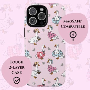 Whimsical summer geese phone case featuring pastel pink background, cottagecore aesthetic, daisies, coquette vibes, floral charm, vintage-inspired design, gingham dresses, daisy lifebuoys, coconut drinks, ribbons, feminine style, nature-inspired art, dreamy pastel colors, aesthetic accessories, playful summer theme, MagSafe compatibility, trendy design, botanical whimsy, English garden feel, charming and delicate vibes, perfect for fashion-forward phone case lovers.