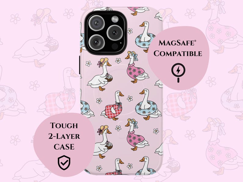 Whimsical summer geese phone case featuring pastel pink background, cottagecore aesthetic, daisies, coquette vibes, floral charm, vintage-inspired design, gingham dresses, daisy lifebuoys, coconut drinks, ribbons, feminine style, nature-inspired art, dreamy pastel colors, aesthetic accessories, playful summer theme, MagSafe compatibility, trendy design, botanical whimsy, English garden feel, charming and delicate vibes, perfect for fashion-forward phone case lovers.