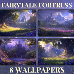 May include: A set of eight digital wallpapers featuring a fairytale castle in a magical forest setting. The castle is surrounded by lush greenery, flowers, and glowing lights. The time is 19:00 on each wallpaper.