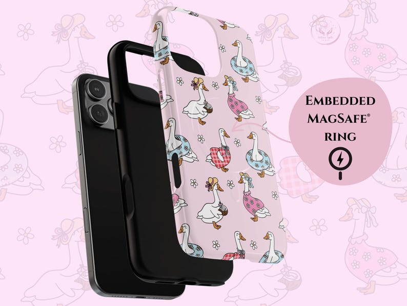 Pastel pink phone case featuring whimsical geese in summer outfits, pink gingham, daisies, coquette aesthetic, cottagecore vibes, retro floral design, vintage charm, dreamy summer style, ribbon bows, botanical patterns, playful aesthetic, nature-inspired, trendy MagSafe case, chic phone accessory, cute animal design, feminine aesthetic, modern summer fashion, ideal for aesthetic lovers, whimsical decor, cottagecore accessories, trendy pastel phone case for summer vibes.
