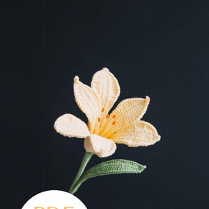 Può includere: Un fiore giallo all'uncinetto con foglie verdi e un cerchio bianco con il testo "PDF Pattern" in arancione.