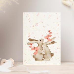 Cartão de amor adorável de coelho em aquarela - Presente romântico de dia dos namorados - Cartão de aniversário fofo - Cartão de felicitações feito à mão para casais