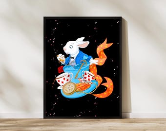 Magical White Rabbit in Wonderland Illustration - Fantasy Art Print for Home Decor