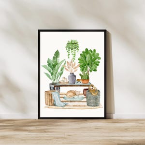 Boho Plant Decor Print - Watercolor Botanical Art with Cat - Cozy Home Decor, Bohemian Wall Art, Greenery Illustration