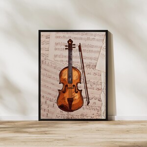 May include: A framed wall art print featuring a detailed illustration of a wooden violin and a bow centered over a background of vintage sheet music. The violin is rendered in warm amber and brown tones with visible strings and f-holes.