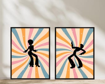 70年代ディスコのシルエットアートプリント：レトロなダンスウォールデコレーション（デジタルダウンロード）