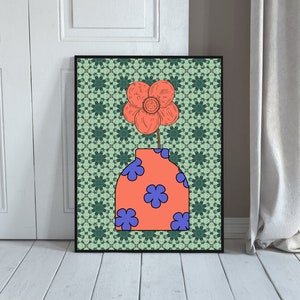 Impresión de jarrón naranja de inspiración boho Matisse: arte de pared floral colorido, flores azules brillantes, decoración de galería caprichosa: impresión de jarrón naranja caprichoso