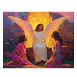 May include: A jigsaw puzzle featuring an angelic figure with large white wings, flanked by two other figures. The artwork uses a palette of vibrant colours, including pink, yellow, and purple, creating a serene and ethereal scene. The puzzle is a visual delight.