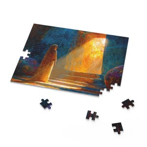 May include: A partially assembled jigsaw puzzle depicting a figure in a flowing robe standing before a bright, golden light. The puzzle has a few loose pieces scattered around. The artwork uses a palette of blues, oranges, and yellows to create a dramatic scene.