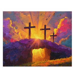May include: A colourful jigsaw puzzle depicting three wooden crosses against a sunset. The scene includes a purple and green landscape with a bright opening, and colourful clouds.