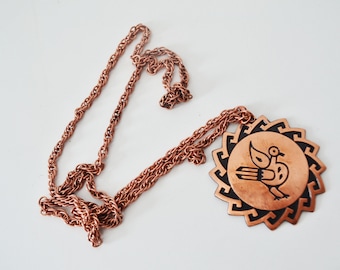 Solid Copper Large Pendant and Chain Tribal or Southwest Theme