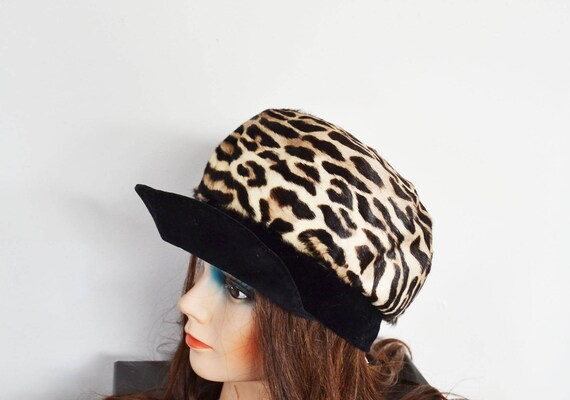 vintage faux leopard hat real fur cap newsboy