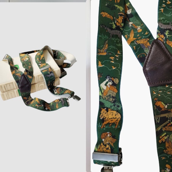 Vintage Green Jungle  Hunter Suspenders Made in France