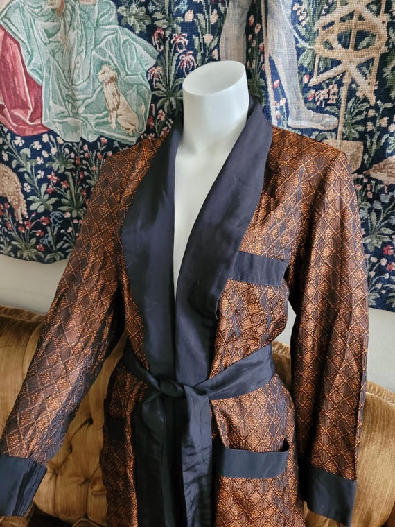 Vintage mens smoking Jacket majestic black and bronze lounge robe