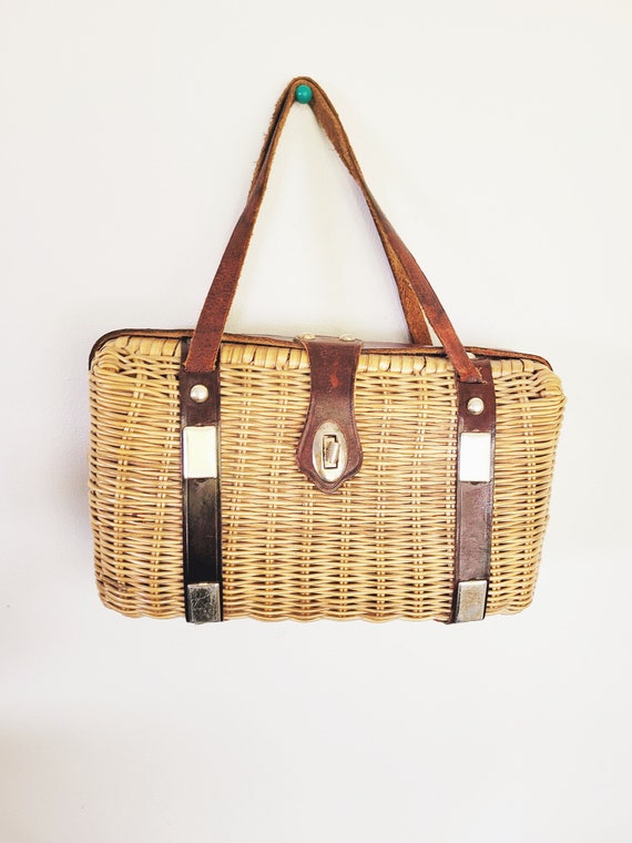 Vintage wicker bag , Micro wicker handbag with le… - image 4