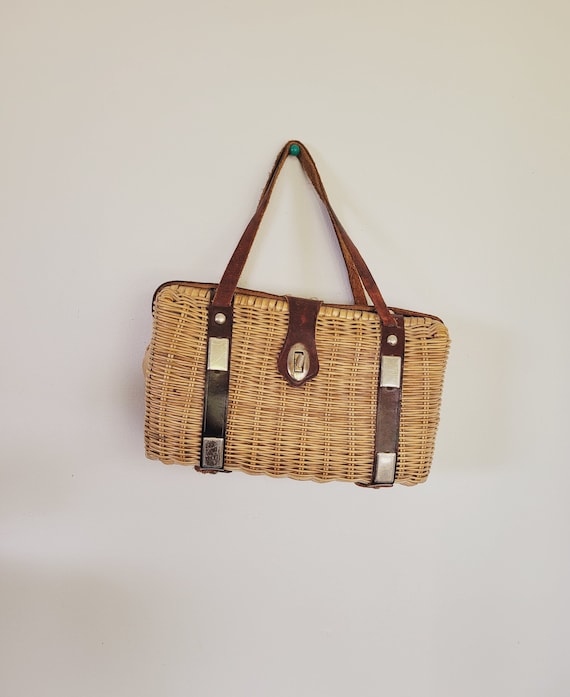 Vintage wicker bag , Micro wicker handbag with le… - image 2