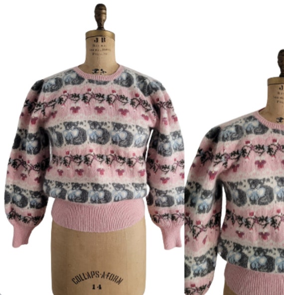 80s  Susan Bristol cat sweater pink novelty wool … - image 1