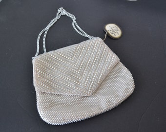50s  cream white  beaded purse bag  evening clutch with silvertone chain