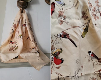 Vintage cream birds  silk scarf 29 inches square handrolled edges