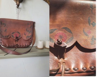 Vintage tooled leather bag  floral hippie handbag