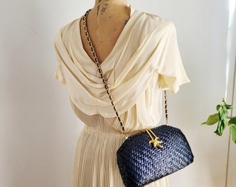 Vintage  wicker bag  goldtone and dark blue  handbag