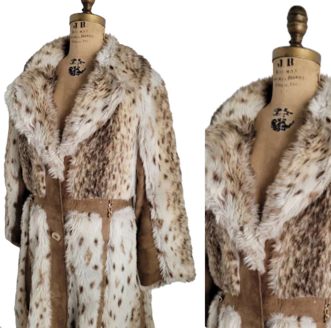 Medium 1960s Faux Fur Coat Animal Print Vegan Leopard Outerwear