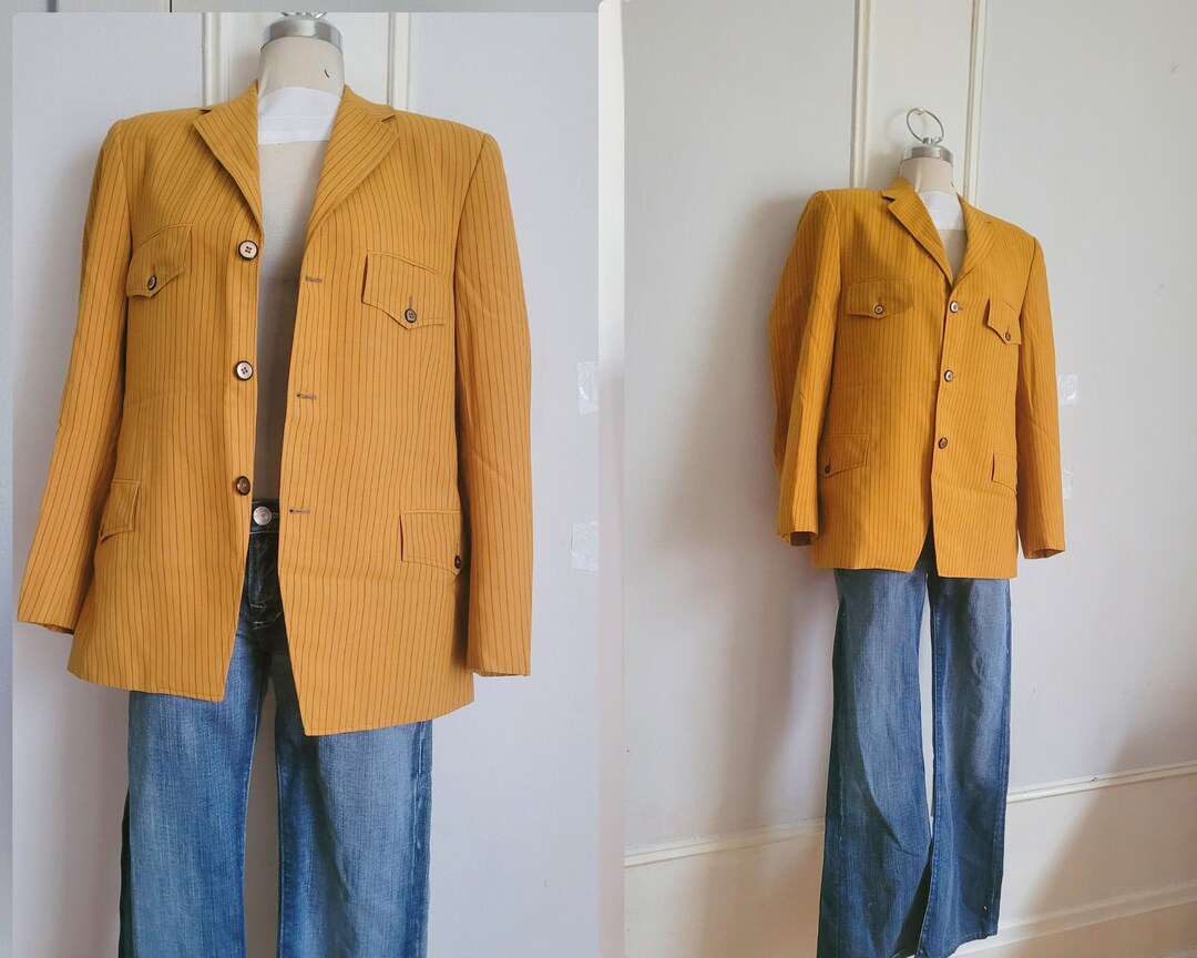 Vintage Mens Yellow Jacket Blazer With Black and Green Stripes Etsy
