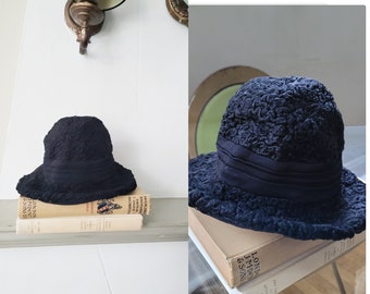 vintage Black curly lamb  fur hat wih a brim holt renfrew