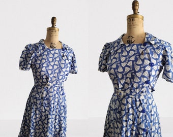 Vintage 1950s Cotton Dress, Blue White Novelty Print Dress vintage 1940s dress abstract  deco print  rayon button day dress