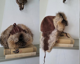 Vintage prairie  Fox and suede fur Hat trapper hat  Ski Lodge Hat,Winter Fur Hat