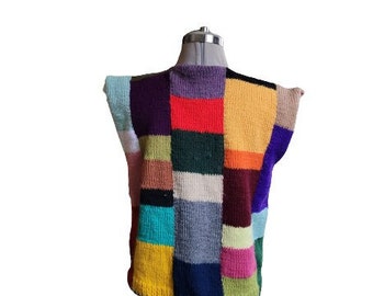 Vintage hand knit  sweater patchwork  vest Women's quilt waistcoat afghan knit multicolors