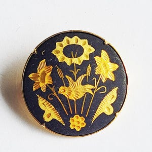 Vintage spanish damascene  brooch bird floral pin