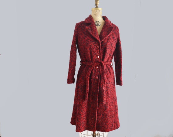Vintage boucle wool coat red and black