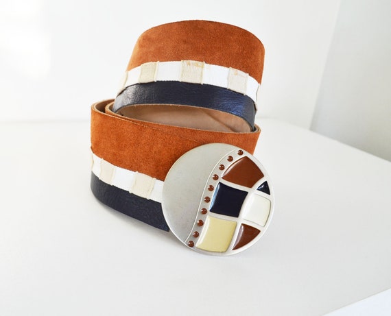 70s BIBA belt wide leather and suede with enamel b