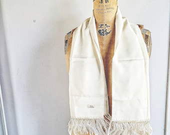 vintage  mens off white scarf  cream fringes,men opera foulard,gift for him