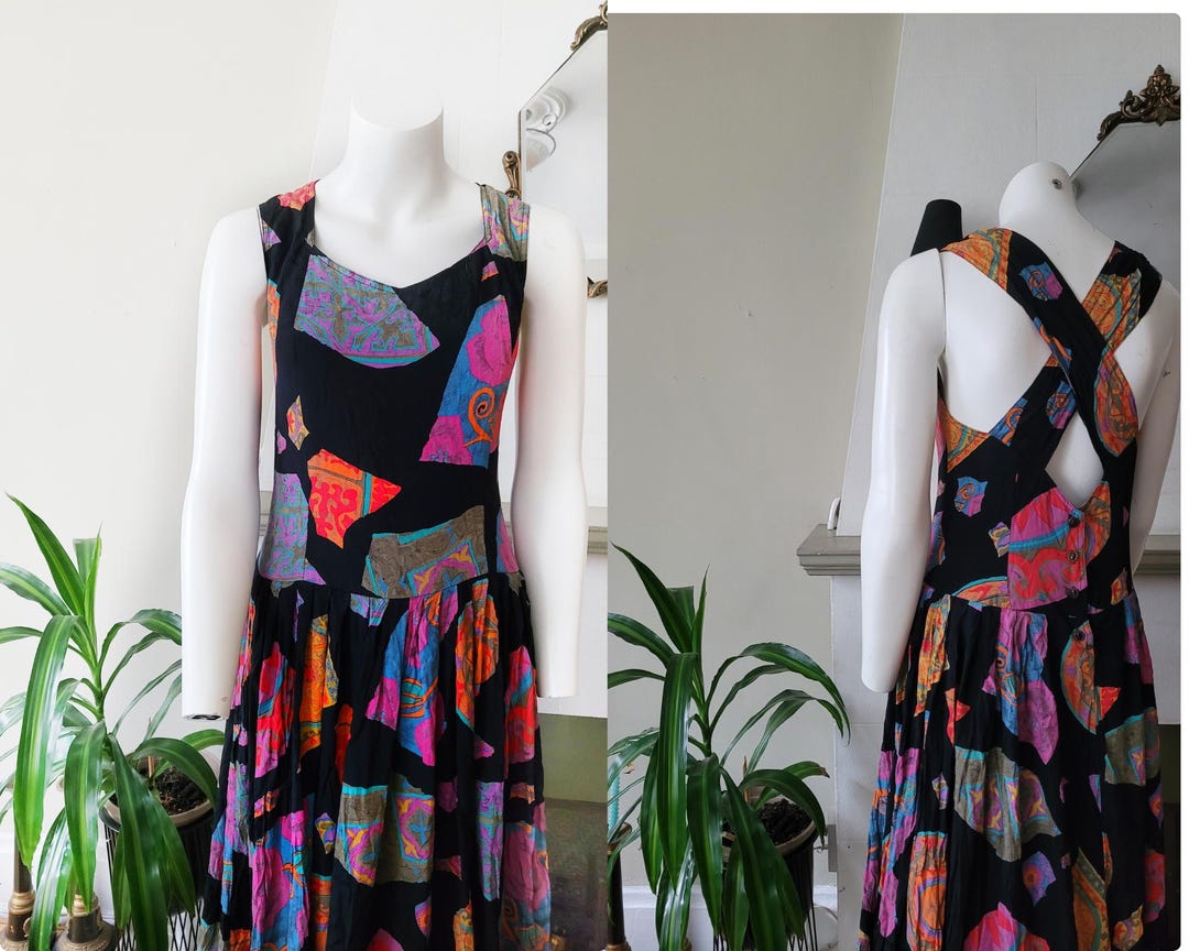 80s Black Dress With Abstract Pattern Dress,vintage Midi Cottage Dress ...